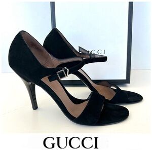 GUCCI Black Suede Interlocking Strap Closure Open Toe Classic Heel Sandal Sz 9 B